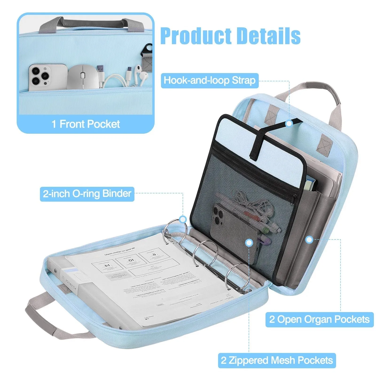 500 Sheet Capacity Multi-pocket School Binder with Zipper for Middle School