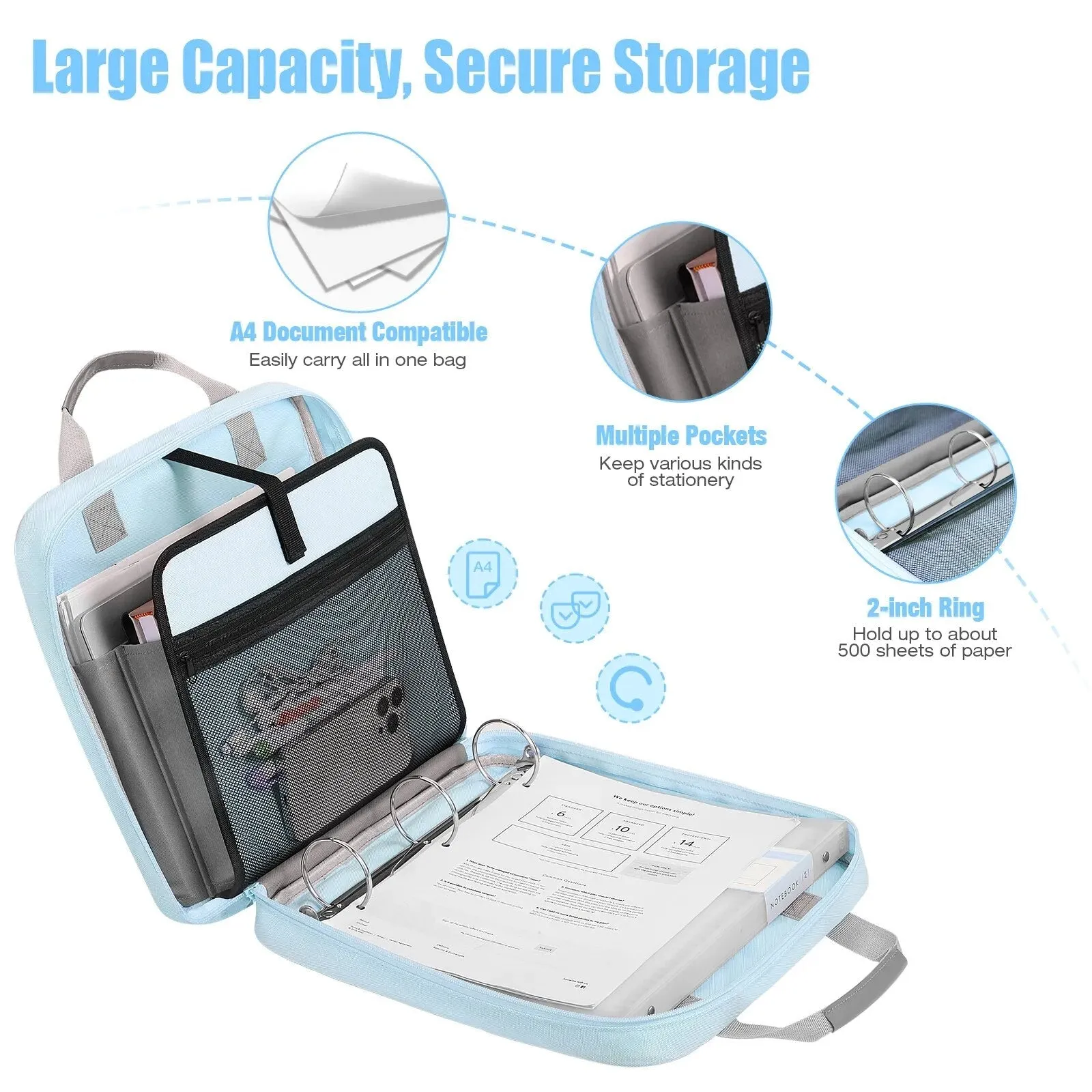 500 Sheet Capacity Multi-pocket School Binder with Zipper for Middle School