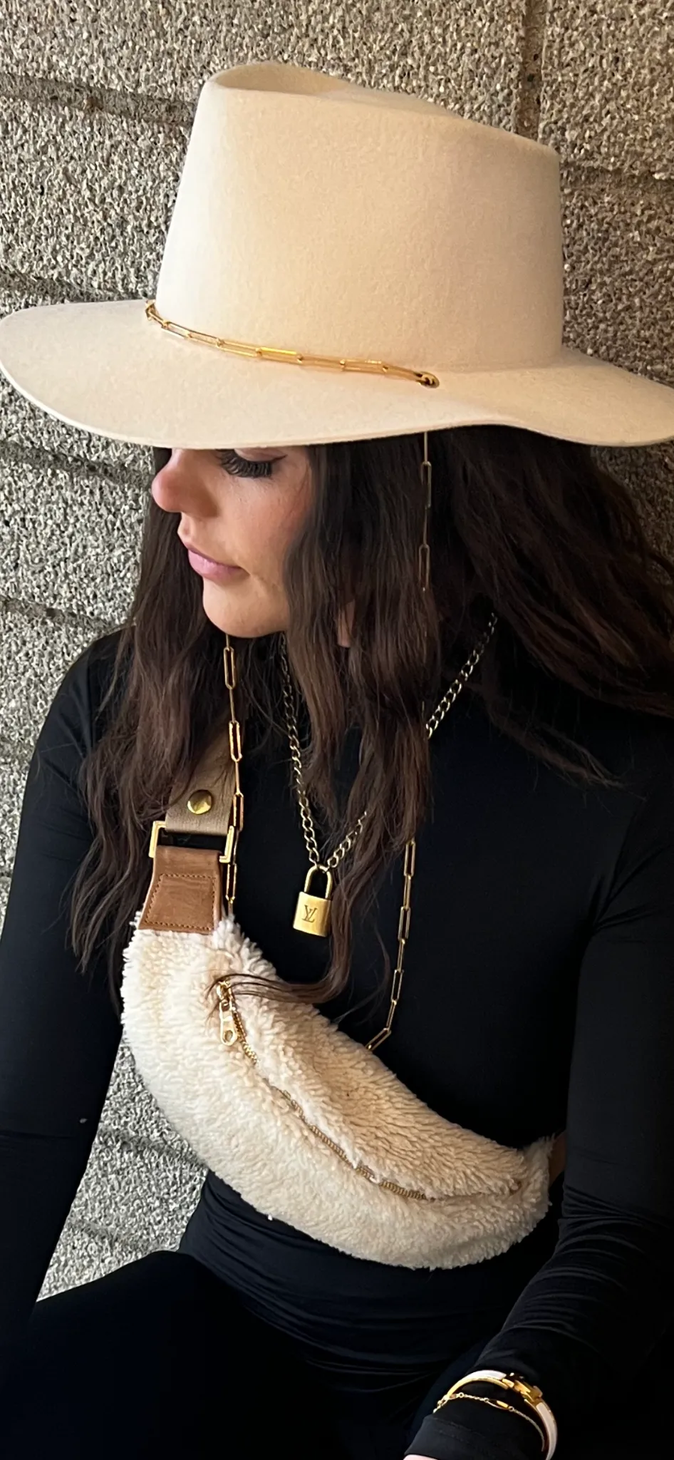 Genuine Shearling Fanny Pack   Crossbody Bag | Bone   Gold Hardware