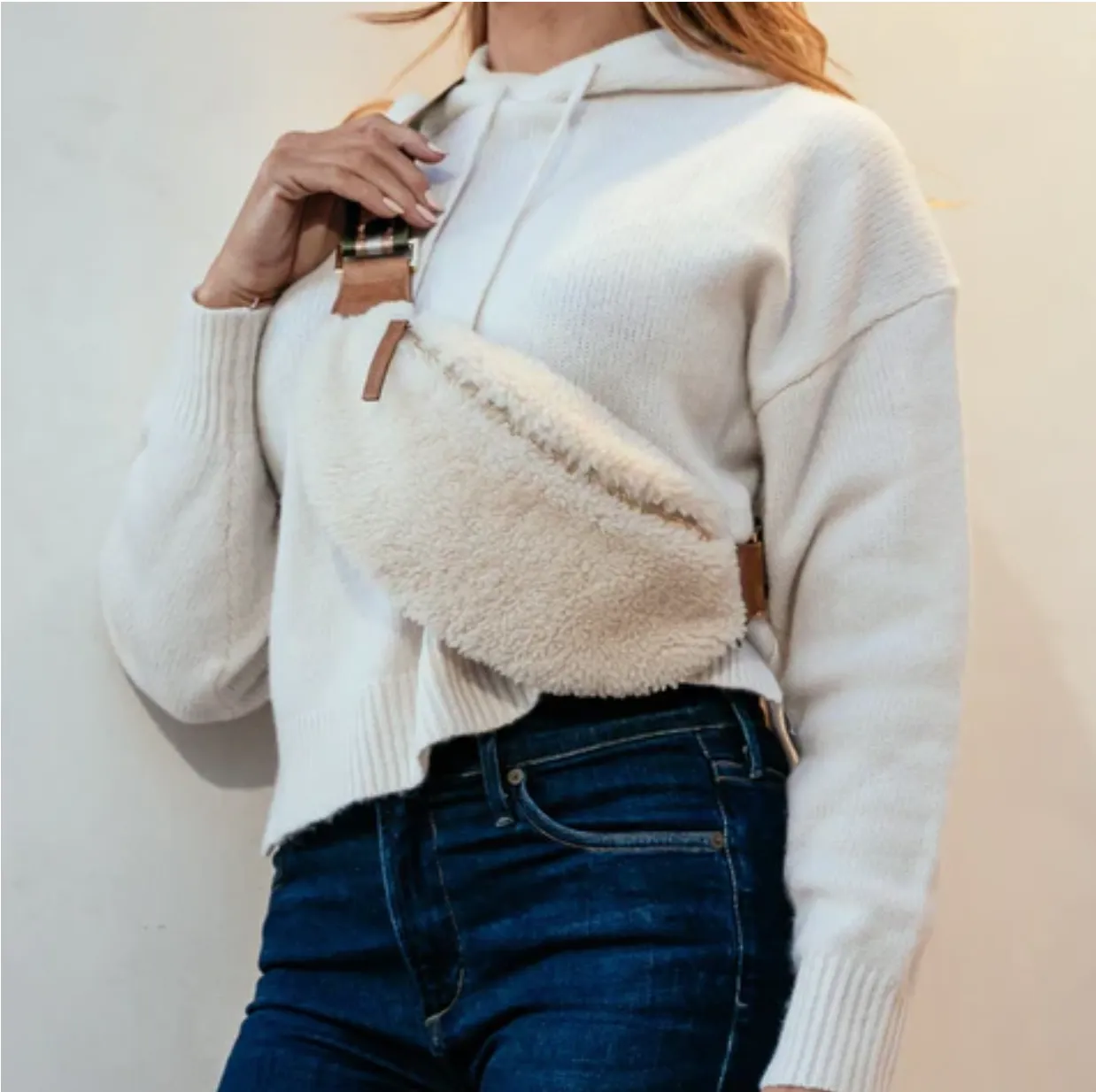 Genuine Shearling Fanny Pack   Crossbody Bag | Bone   Gold Hardware