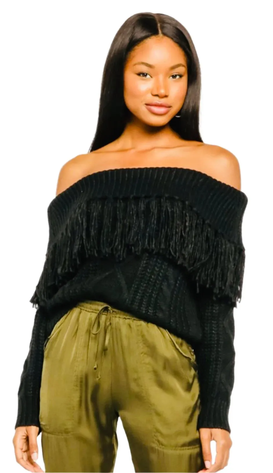 Off shoulder fringe sweater